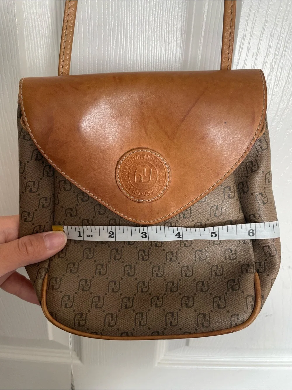 Vintage Yoland Brown/Tan Monogram Crossbody Shoulder Bag 8x2x6 inches